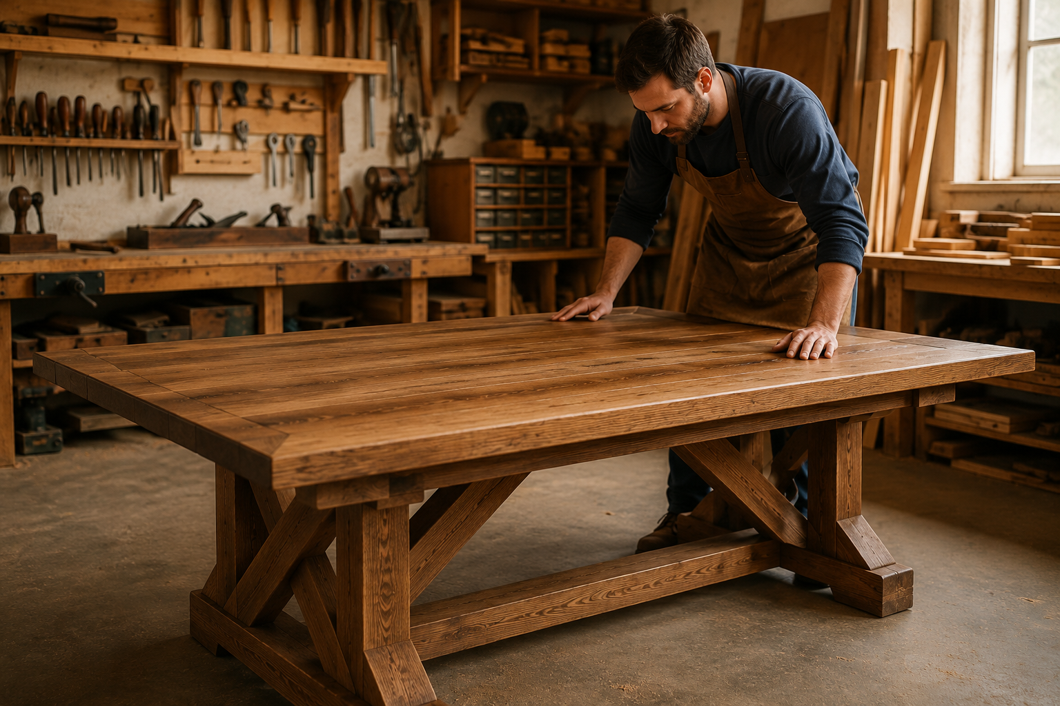 Woodworking Plans for Tables with handcrafted wooden table in a professional workshop