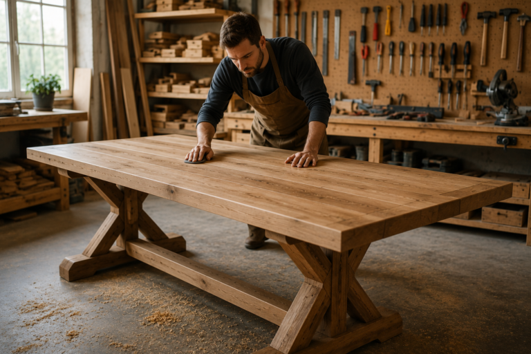 DIY Table Plans for beginners building a handcrafted wooden table in a professional woodworking workshop