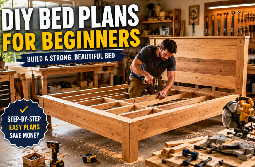 DIY Bed Plans for Beginners showing a woodworker building a handcrafted wooden bed in a modern workshop