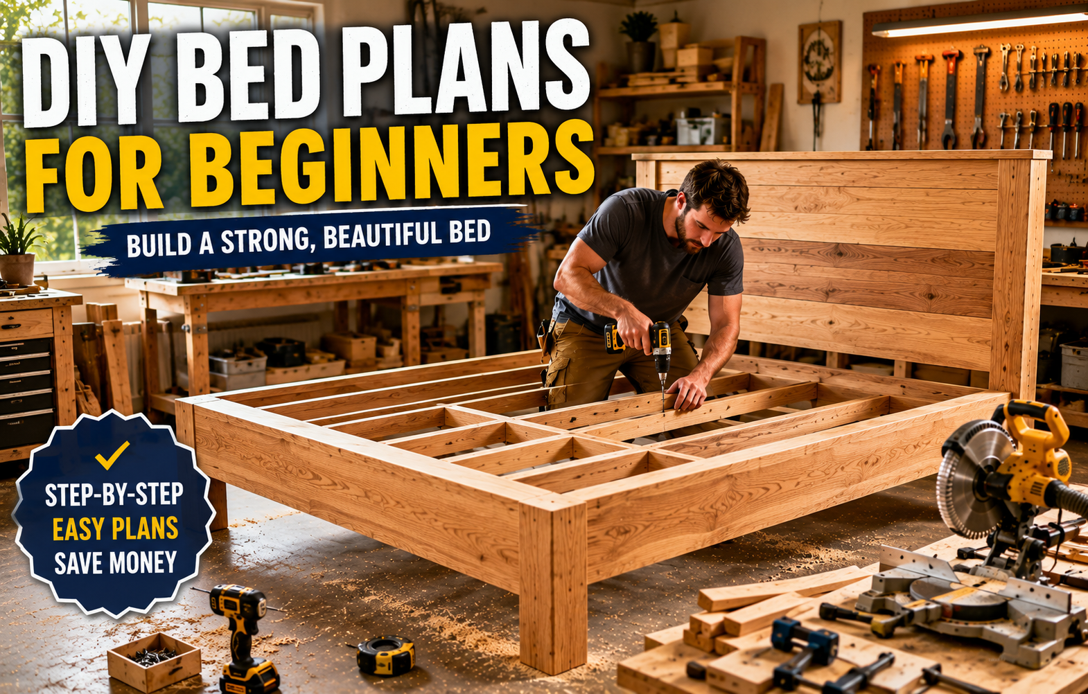 DIY Bed Plans for Beginners showing a woodworker building a handcrafted wooden bed in a modern workshop