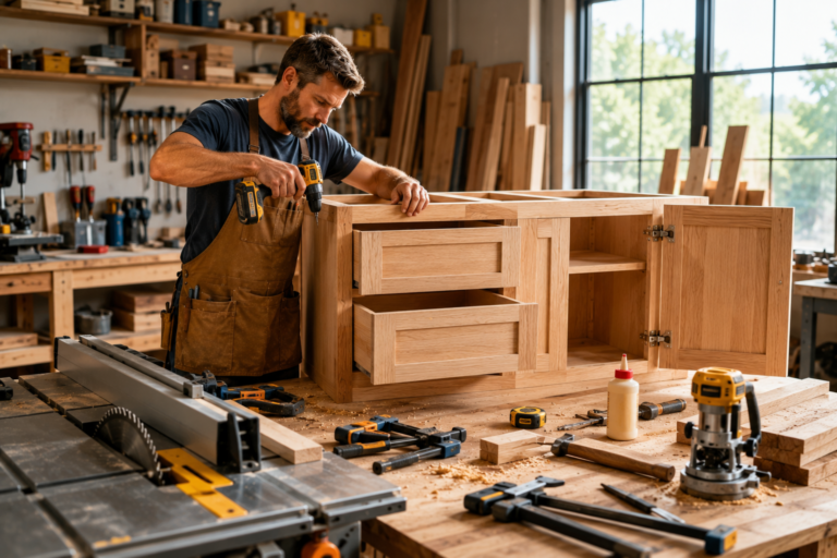 Woodworking Plans for Cabinets showing a craftsman building custom wooden cabinets in a modern woodworking workshop