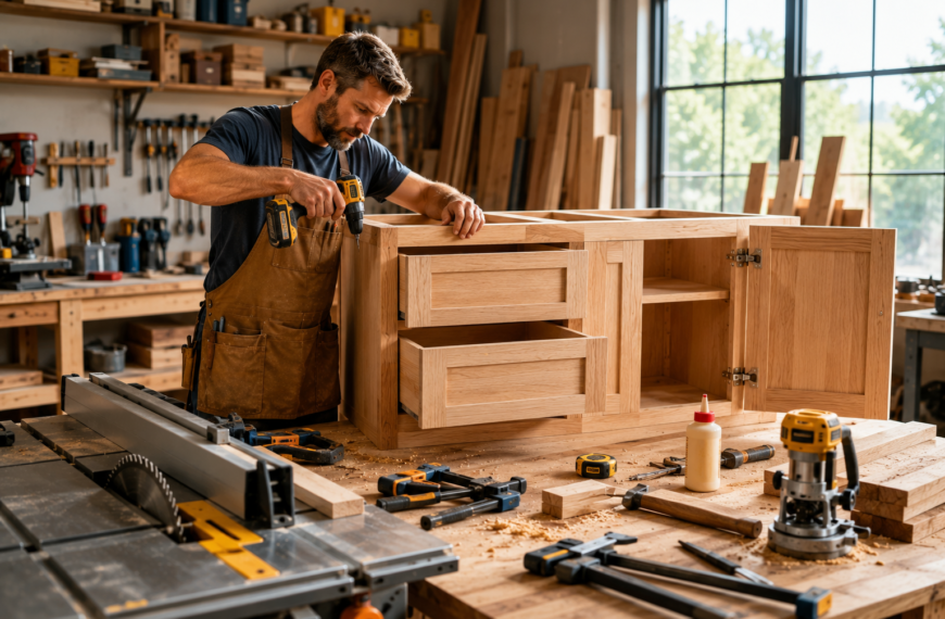 Woodworking Plans for Cabinets showing a craftsman building custom wooden cabinets in a modern woodworking workshop
