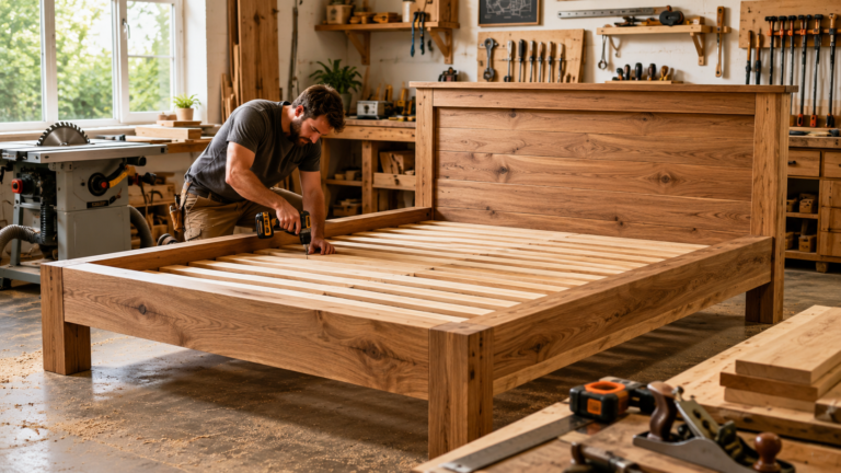 Woodworking Plans for Beds showing a craftsman building a handcrafted wooden bed in a professional workshop