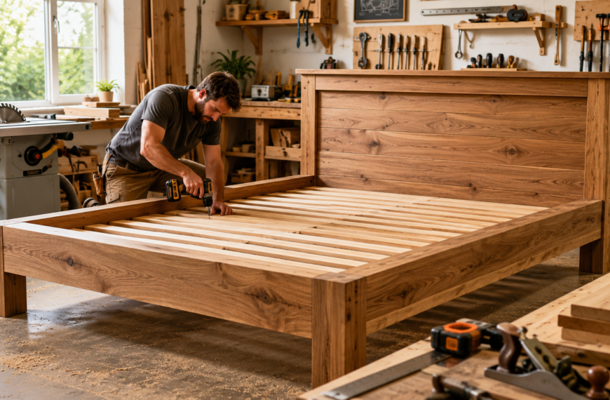 Woodworking Plans for Beds showing a craftsman building a handcrafted wooden bed in a professional workshop