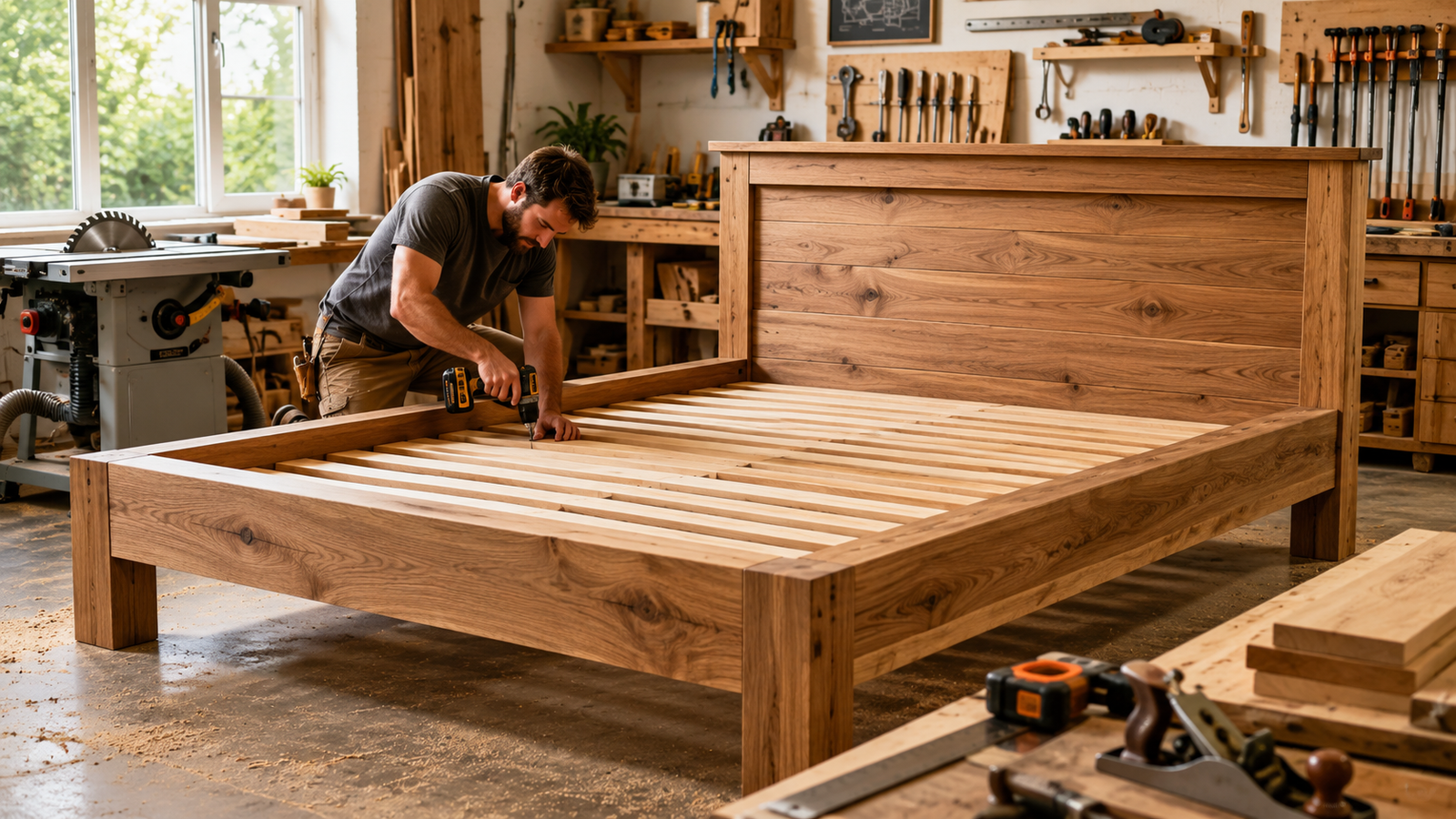 Woodworking Plans for Beds showing a craftsman building a handcrafted wooden bed in a professional workshop