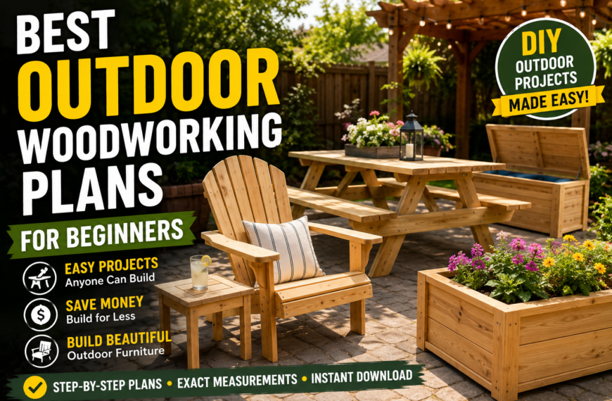 Outdoor Woodworking Plans for Beginners showing a DIY woodworker building an outdoor picnic table in a modern backyard workshop