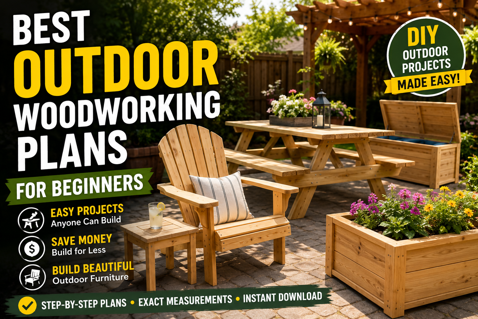 Outdoor Woodworking Plans for Beginners showing a DIY woodworker building an outdoor picnic table in a modern backyard workshop