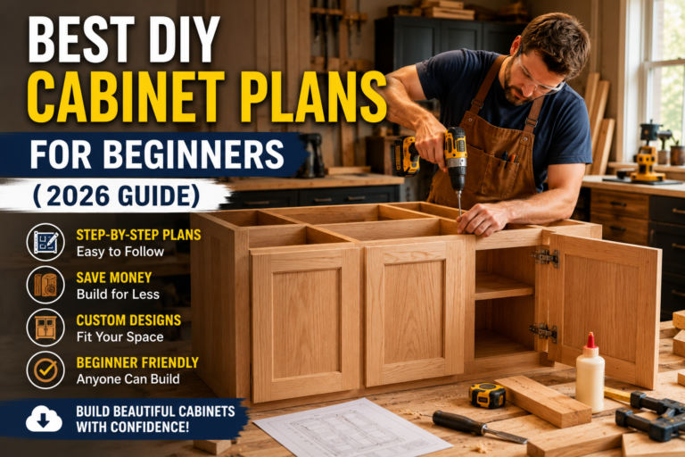 DIY Cabinet Plans for Beginners showing a carpenter building custom wooden kitchen cabinets in a modern workshop