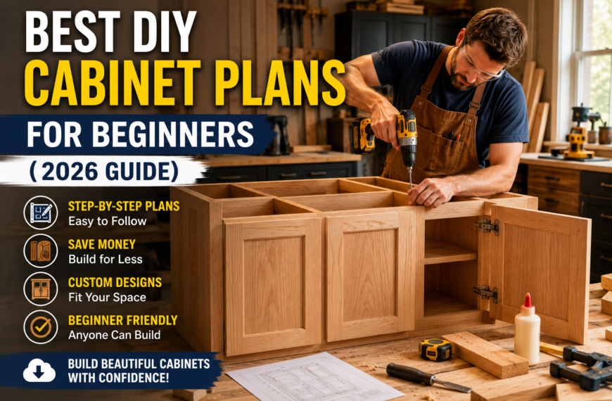 DIY Cabinet Plans for Beginners showing a carpenter building custom wooden kitchen cabinets in a modern workshop