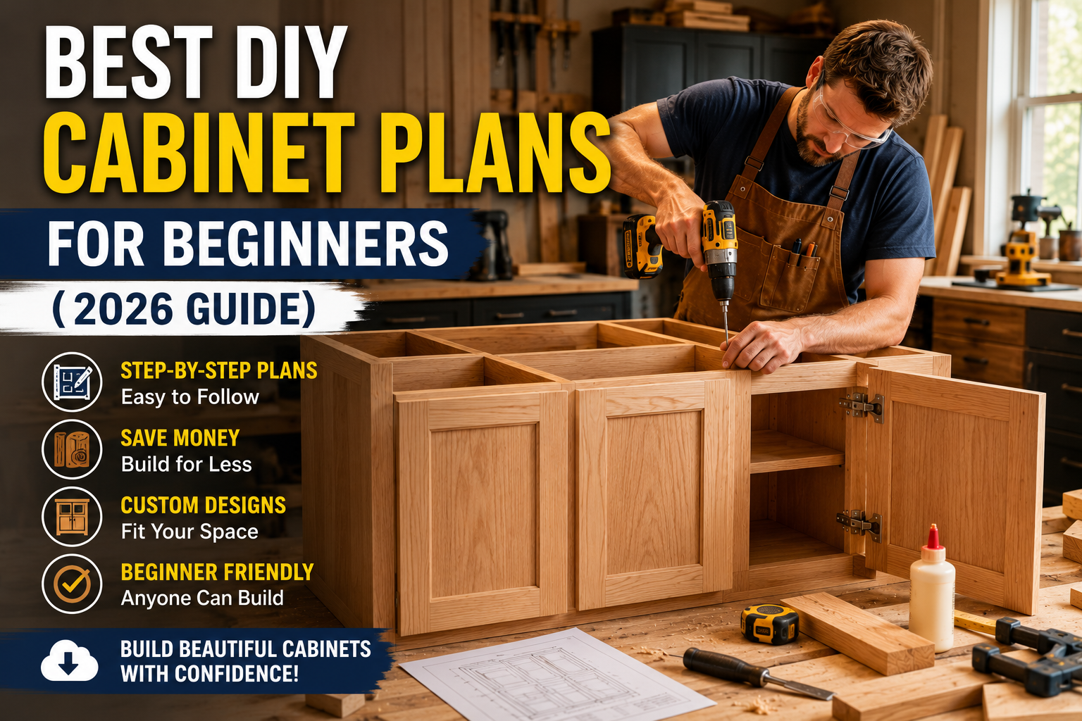 DIY Cabinet Plans for Beginners showing a carpenter building custom wooden kitchen cabinets in a modern workshop